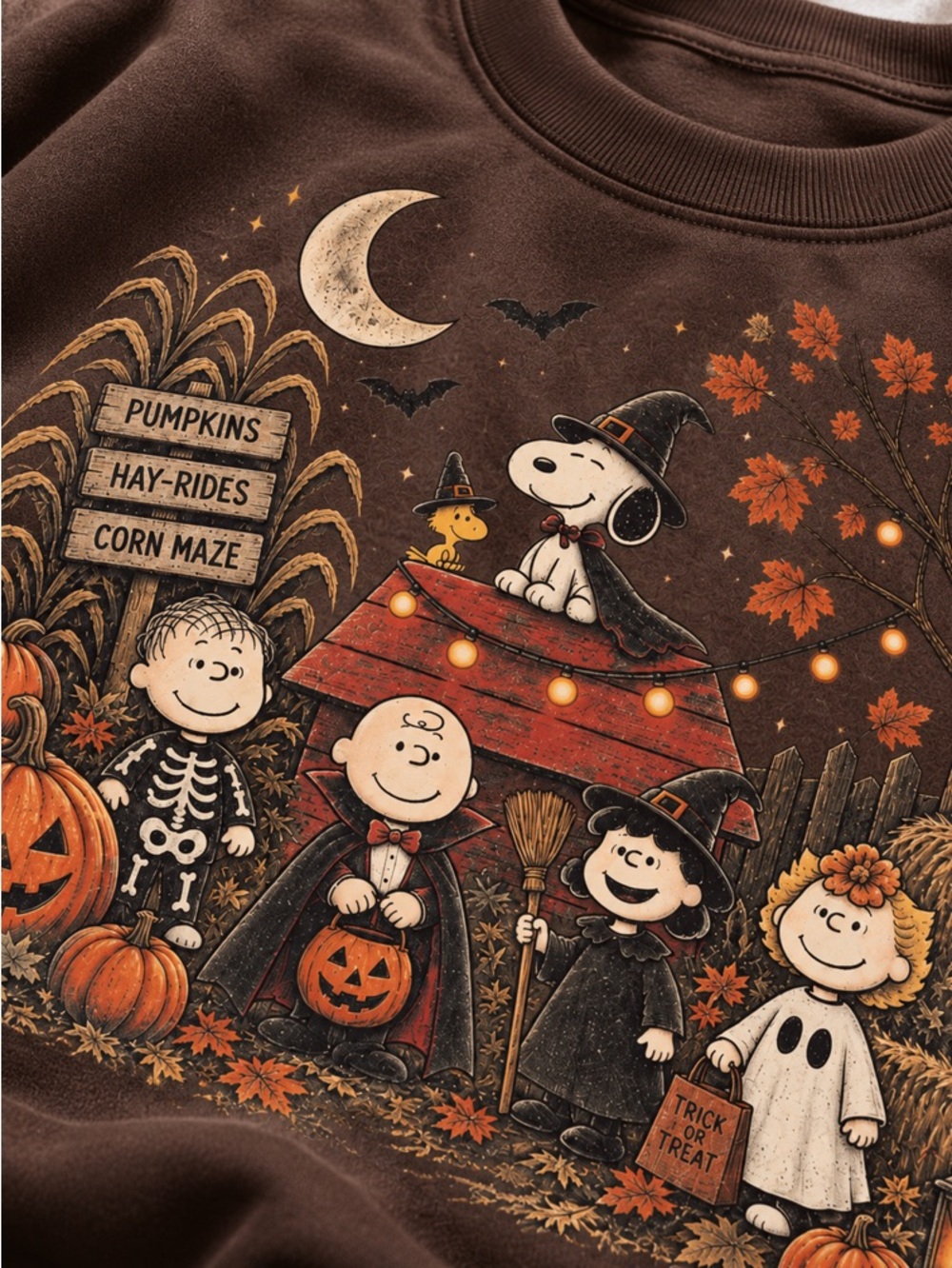 Great Pumpkins and Snoopy Halloween Dark Chocolate Crewneck Sweatshirts - Picture 3 of 3